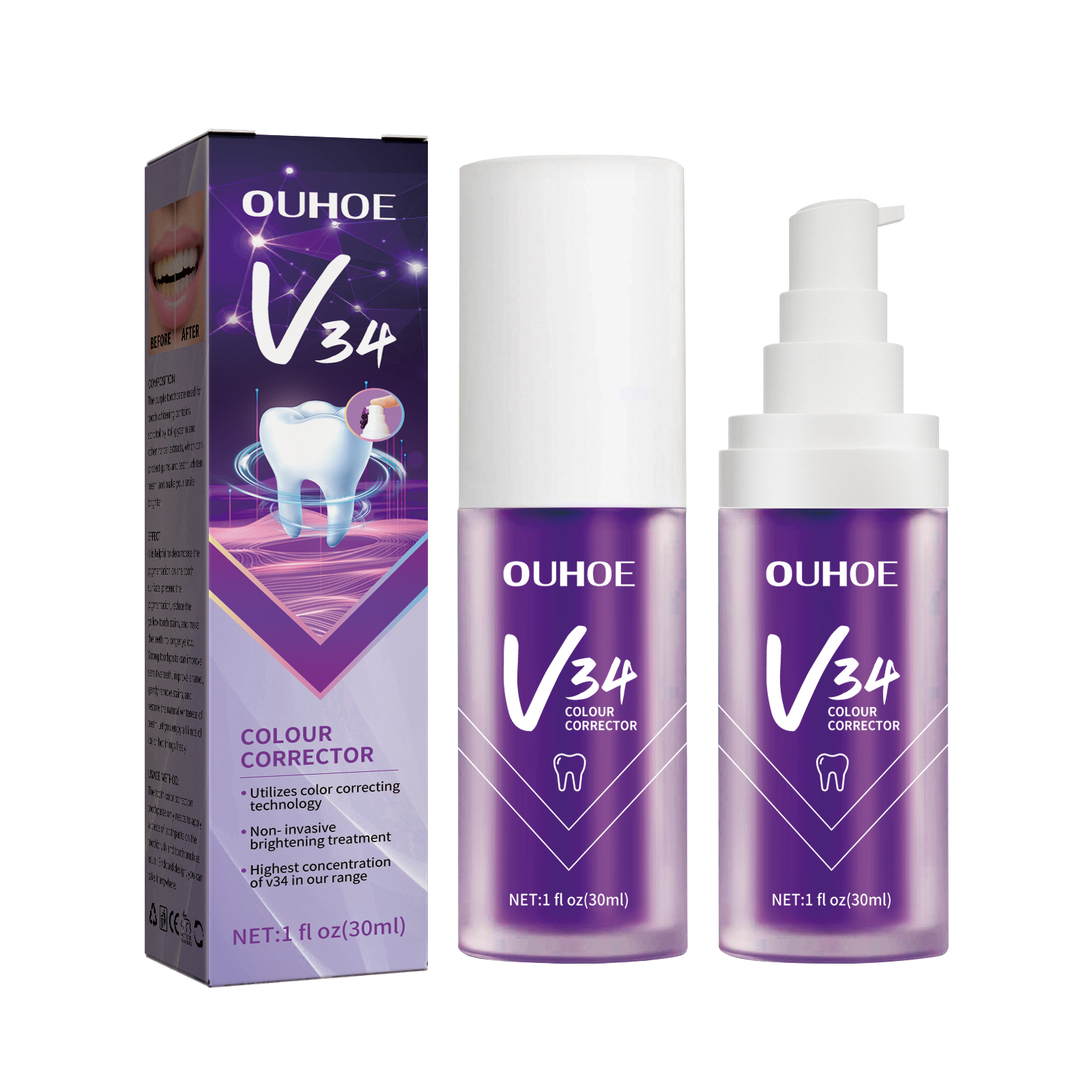 V34 Purple Whitening Toothpaste, Removal Teeth Tartar Oral Cleaning Repair Teeth Whitening Toothpaste